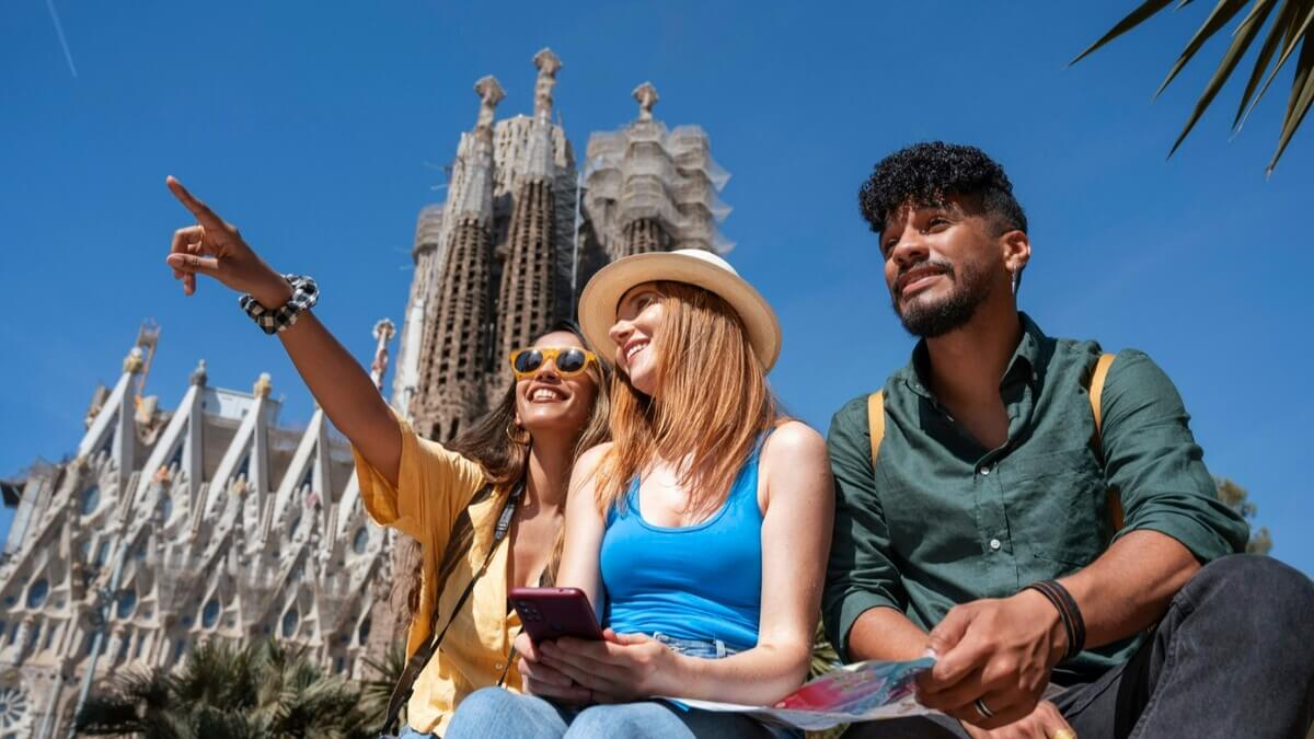 British tourists visiting La Sagrada Familia in Spain